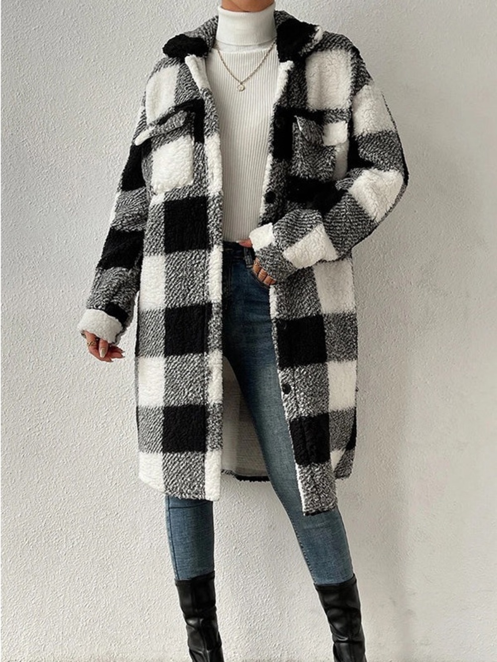 Black & White Plaid Sherpa Coat